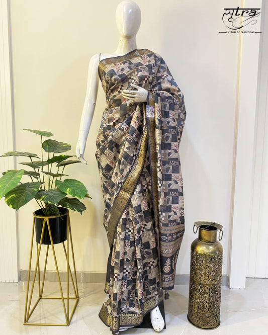 Butter Silk Digital  Print Grey Saree - Sutra Saree