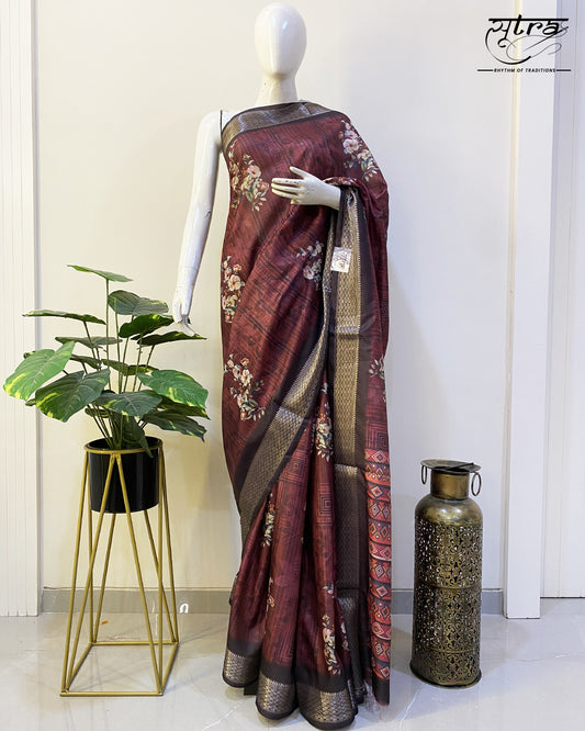 Butter Silk Digital Print Maroon Saree - Sutra Saree