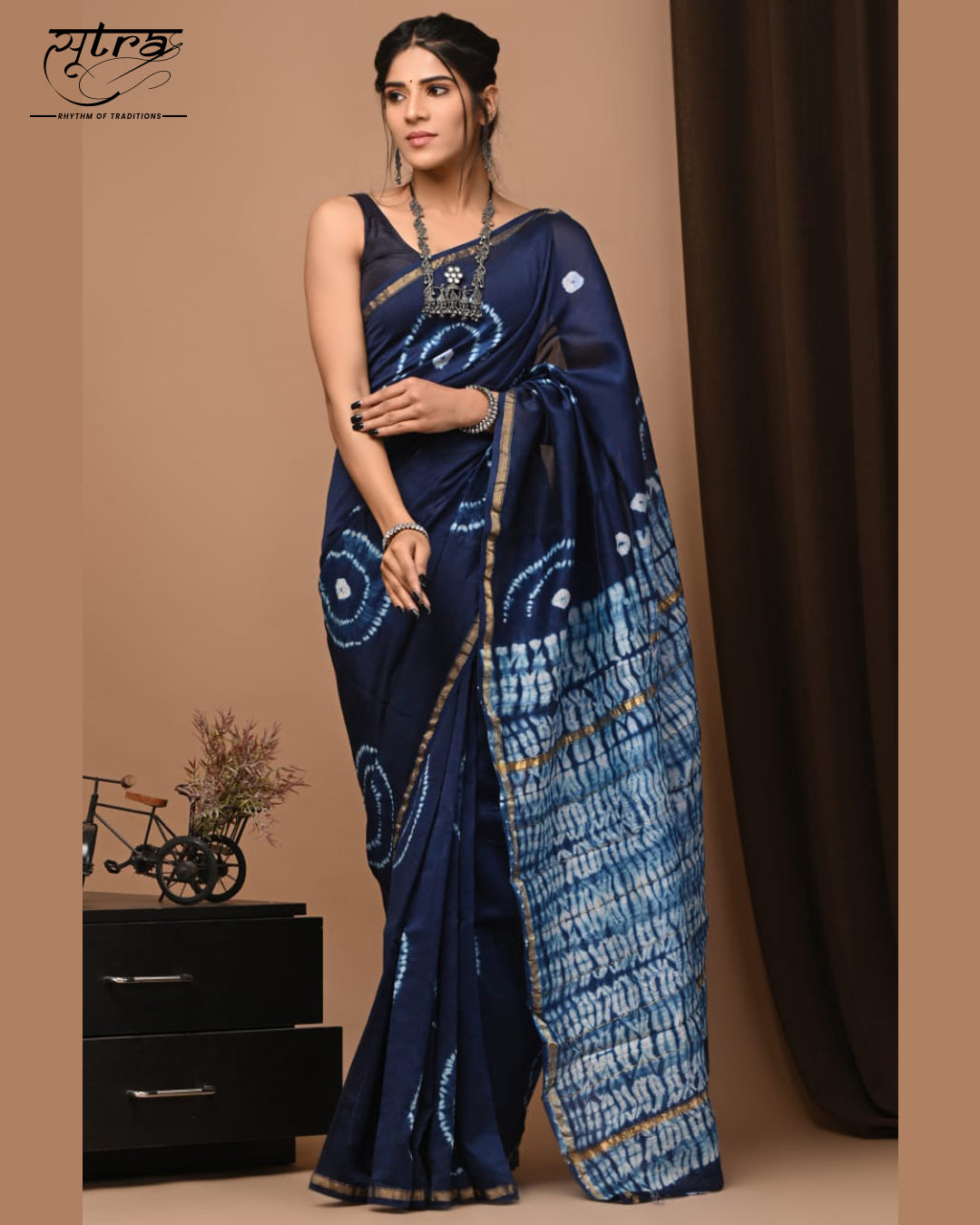 Chanderi Silk Bandhani Navy Blue Saree - Sutra Saree