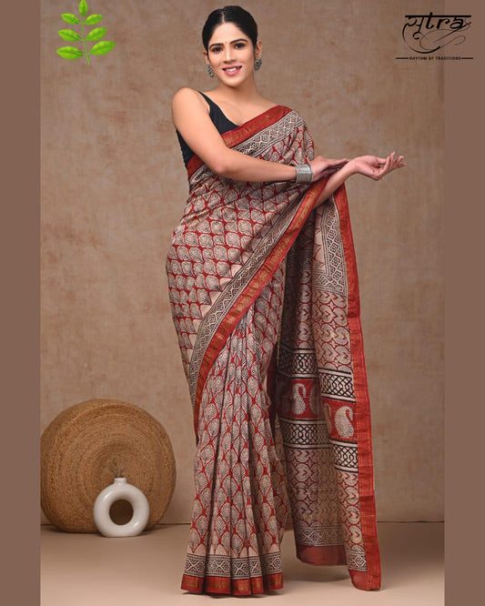 Chanderi Silk Maheshwari Brown Saree - Sutra Saree