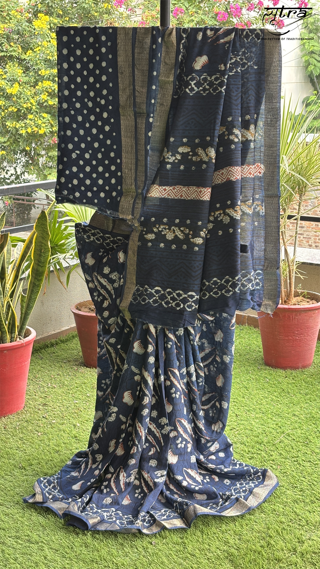 Cotton Handblock Blue Saree - Sutra Saree