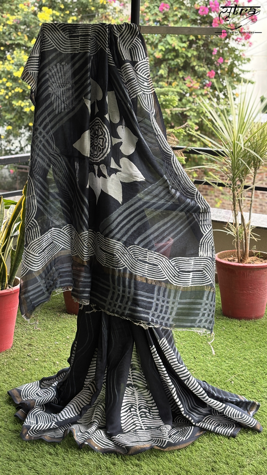 Cotton Handblock Navy Blue Saree - Sutra Saree