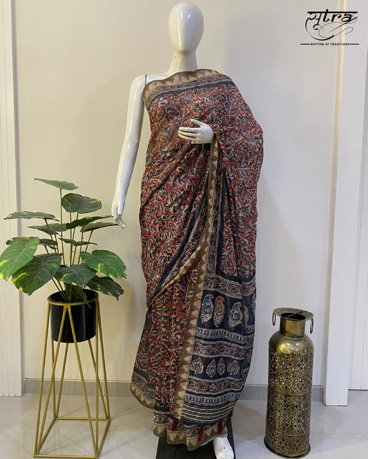 Cotton Katha Work Brown Red Saree - Sutra Saree