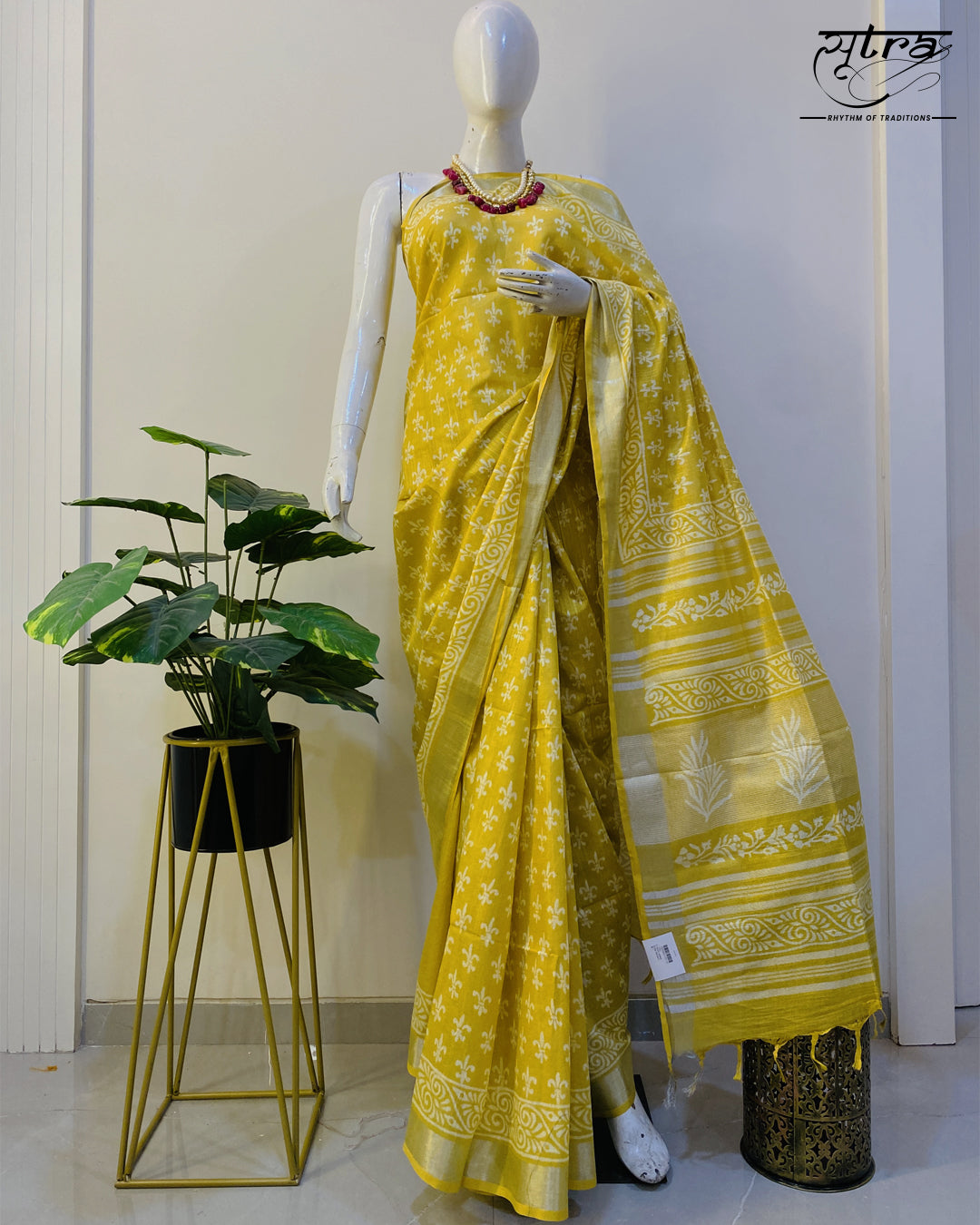 Linen Cotton Handblock Light Mustard Yellow Saree - Sutra Saree