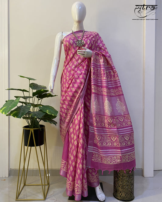 Linen Cotton Handblock Dark Pink Saree - Sutra Saree