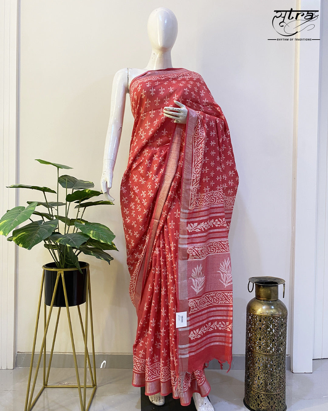 Linen Cotton Handblock Gajri Colour Saree - Sutra Saree