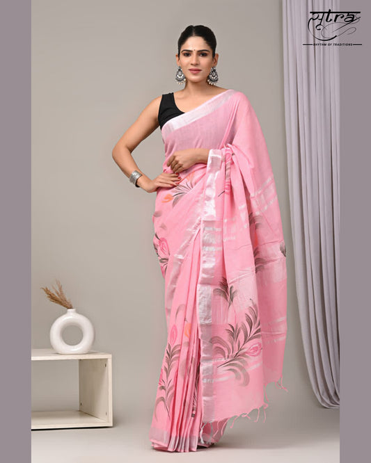 Linen Cotton Hand Painted Baby Pink Saree - Sutra Saree