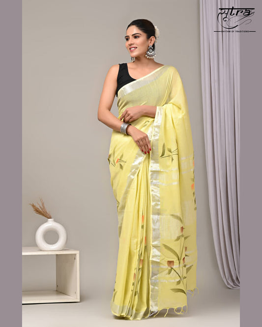 Linen Cotton Hand Painted Lemon Yellow Saree - Sutra Saree