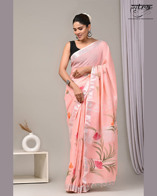 LINEN COTTON HAND PAINTED PASTEL PINK SAREE - Sutra Saree