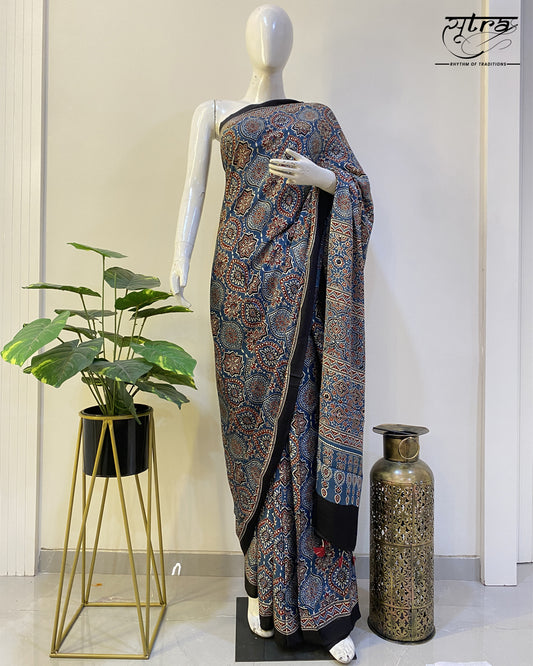 Modal Silk Ajrakh Blue Black Saree - Sutra Saree