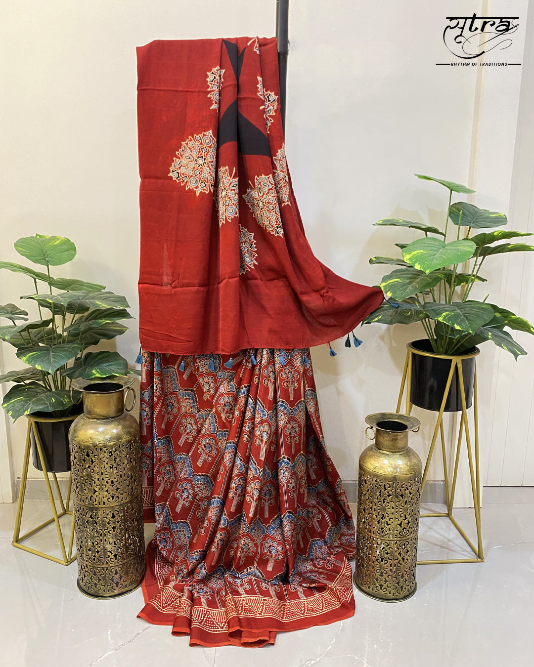 Modal Silk Ajrakh Red Saree - Sutra Saree