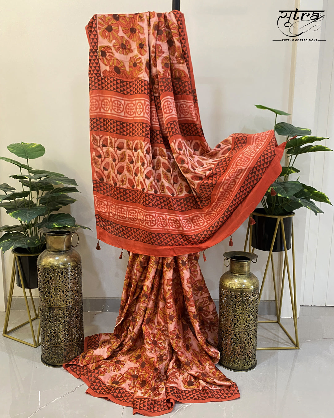 Modal Silk Floral Print Orange Peach Saree - Sutra Saree