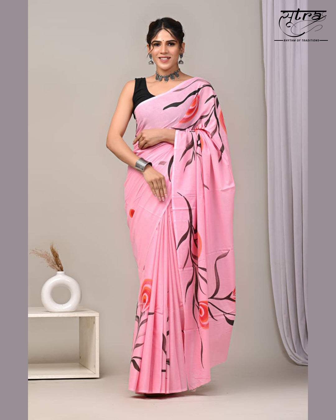 Mulmul Cotton Hand Painted Pink Saree - Sutra Saree