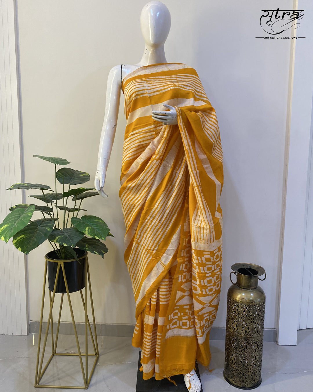 MUSLIN HORIZONTAL LINE MANGO YELLOW SAREE - Sutra Saree