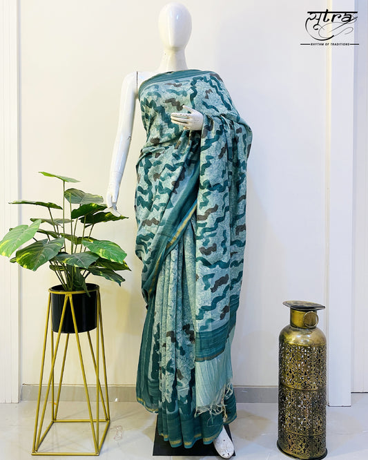 MUSLIN SILK TEAL GREEN SAREE - Sutra Saree