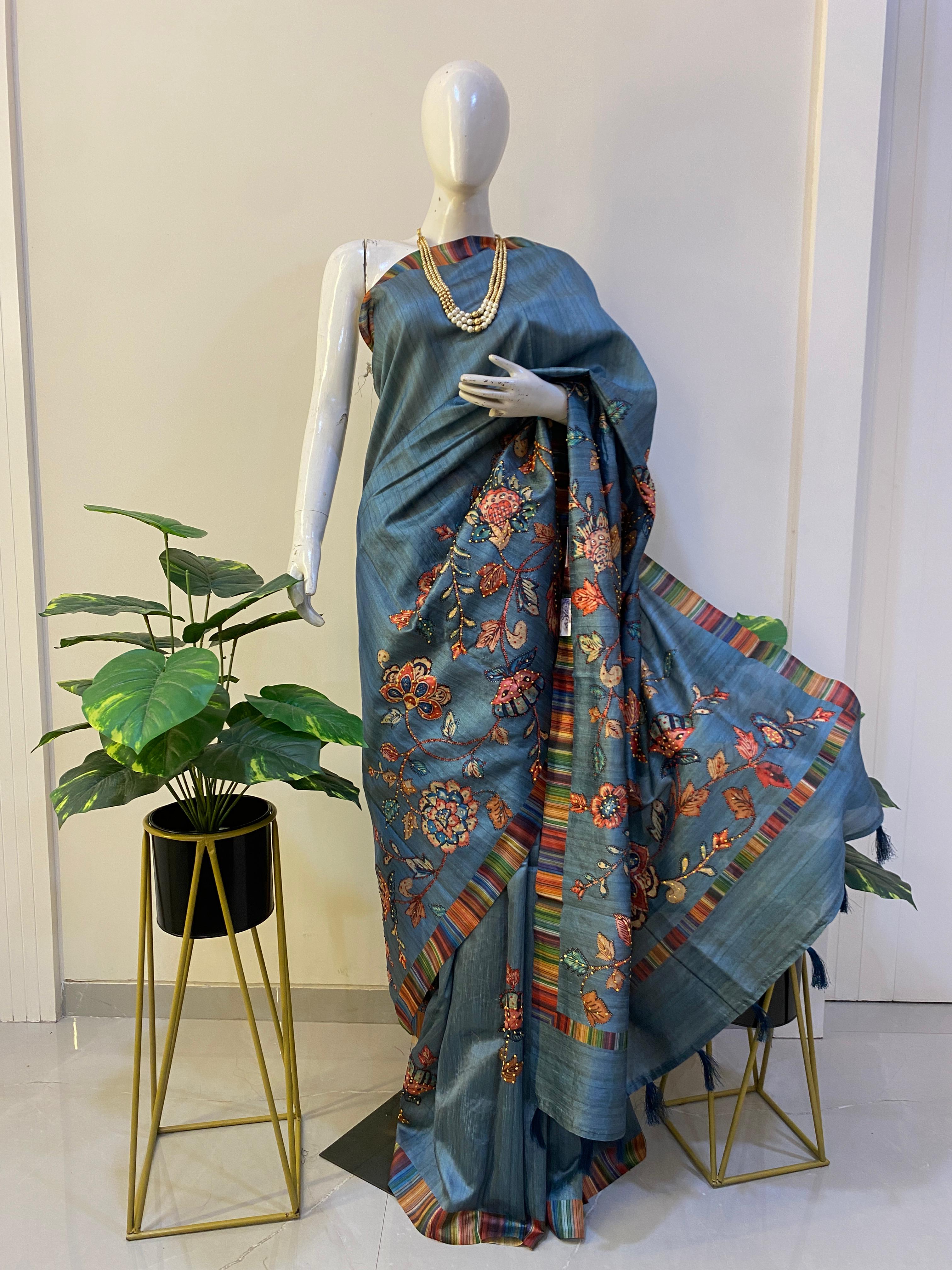 Raw Silk Blue Saree - Sutra Saree